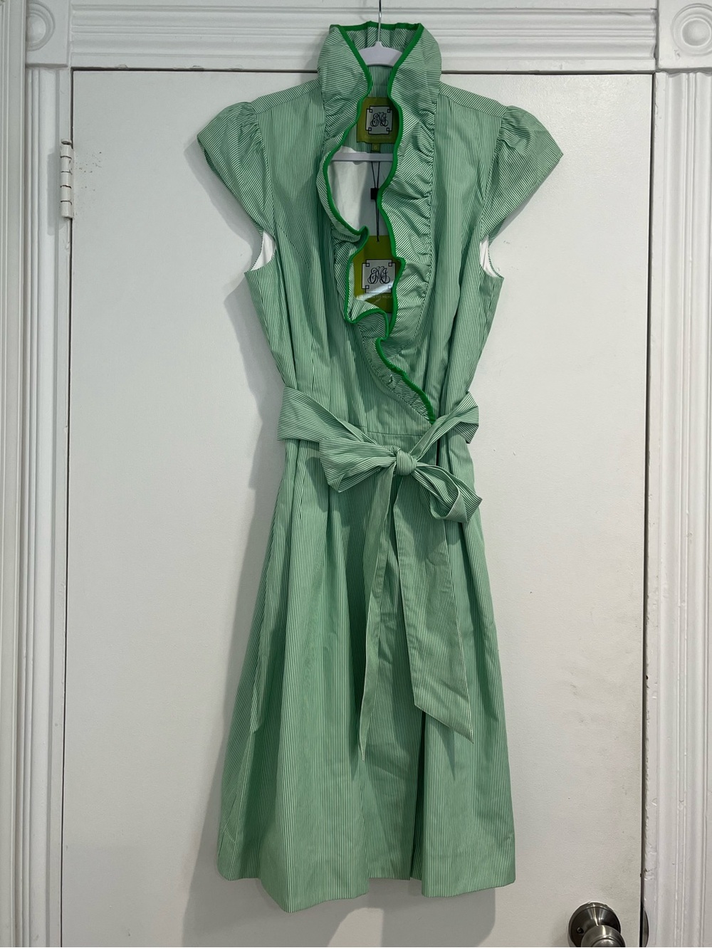 Elizabeth McKay Green & White Striped Ruffled Scotland Wrap Dress Sz. 6 NWT - Picture 3 of 11